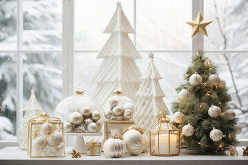 Luxury Christmas background with gift box, ornament decorations and white golden warm tone, happy...