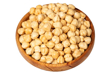 Roasted hazelnuts in wood bowl. Peeled hazelnuts kernel isolated on white background. Close up