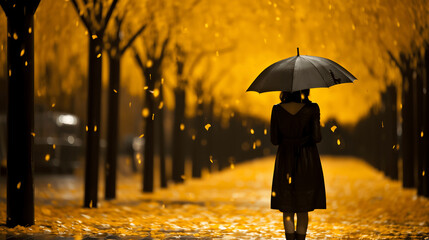 Back view of a woman with an umbrella walking down a row of trees, golden leaves falling around her. A serene autumn scene.