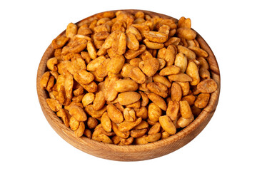 Peanuts with sauce in wooden bowl. Peanuts with sauce isolated on white background. Close up