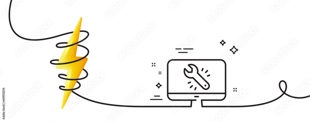 Poster spanner tool line icon. continuous one line with curl. monitor or computer repair service sign. fix 