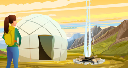 Yurt nomads. girl with backpack looks ahead. Traditional mobile home. Cartoon style. Vector