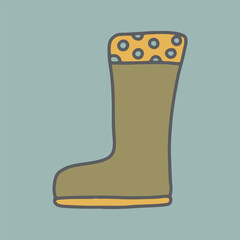 Doodle rain boot vector illustration. Hand drawn rubber boots in trendy simple vintage style isolated on muted blue background. Autumn shoes print. Retro 70s nostalgia vibes graphic
