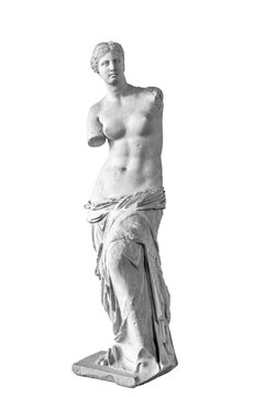 Venus de Milo or Aphrodite de Milos, famous ancient Greek sculpture from Hellenistic period by Alexandros of Antioch, displayed in Louvre Museum in Paris, France. Isolated on white background. Black
