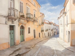 Obraz premium 水彩画背景_世界旅行_ポルトガル_リスボン_01