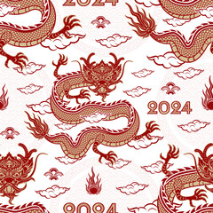 Seamless pattern with Asian elements for happy Chinese new year of the Dragon 2024