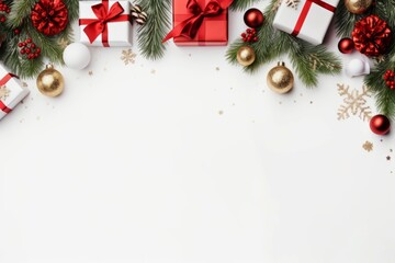 Merry Christmas banner with blank space for text, white background, giftboxes, fir tree branches and red ornaments. Winter holidays background.