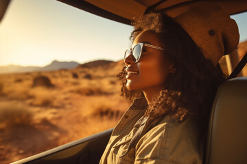Black woman on road, enjoying window view of desert and traveling in jeep on holiday road trip of South Africa, Travel adventure drive, happy summer vacation and explore freedom of nature in the sun