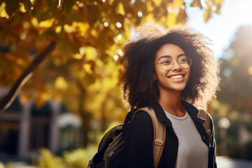 Black woman, student and portrait smile for university, education or scholarship in the outdoors, Happy academic African American female smiling with vision for success, ambition or career at campus - obrazy, fototapety, plakaty