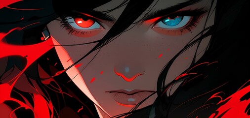 a girl with black hair and fire, japanese manga style, close-up pretty face, in the style of dark fantasy, cartoon realism, strong facial expression. generative AI - obrazy, fototapety, plakaty