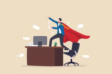 Fotobehang Effective work, productive office effort or efficiency, motivation to finish task or accomplishment, solution idea, performance or challenge concept, businessman superhero finish work on office desk. © Nuthawut