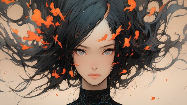 a girl with black hair and fire, japanese manga style, close-up pretty face, in the style of dark fantasy, cartoon realism, strong facial expression. generative AI