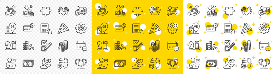 Outline Shields, Payment and Augmented reality line icons pack for web with Pizza, Checkbox, Seo statistics line icon. Cashback, Coins, Inventory pictogram icon. Puzzle, Chess, Online voting. Vector