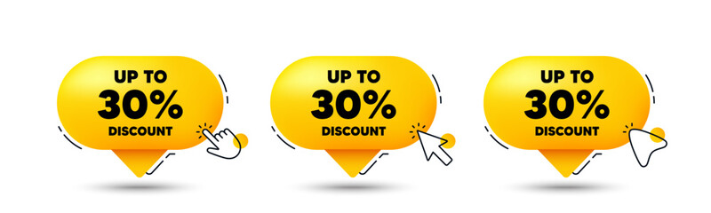 Up to 30 percent discount. Click here buttons. Sale offer price sign. Special offer symbol. Save 30 percentages. Discount tag speech bubble chat message. Talk box infographics. Vector