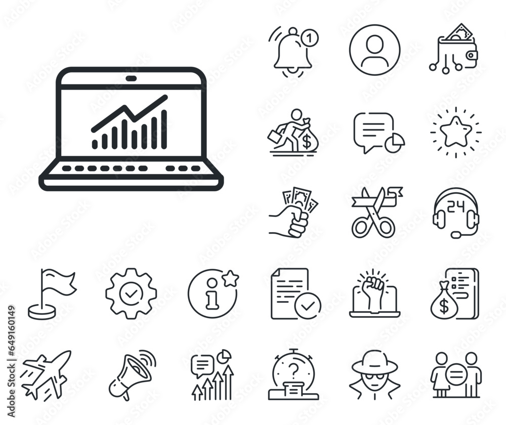 Poster report graph or chart sign. salaryman, gender equality and alert bell outline icons. data analysis a