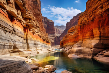 Canyon with steep cliffs, winding rivers, and layers of colorful rock formations