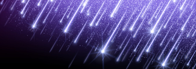 Purple space comet rain and star shooting show vector background. Abstract asteroid or meteorite magic galaxy storm illustration. Falling starlight speed line digital design. Neon constellation impact © klyaksun