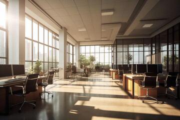 Fototapeta na wymiar Morning sunlight filters through large windows, casting a warm glow across the desks and chairs in an open space office