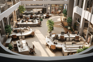 An aerial view captures the layout of an open space office, emphasizing the organization of desks, chairs, and communal areas
