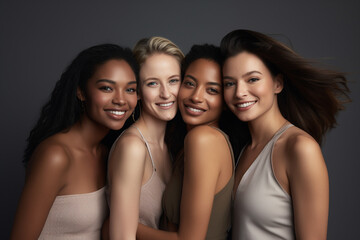Beauty portrait of a diverse group of beautiful women smiling together against a grey studio background