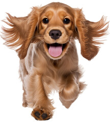 Running happy cocker spaniel dog isolated on a white background as transparent PNG