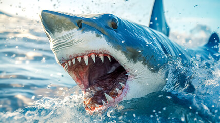 Naklejka premium shark with open jaws above the water surface in the sea