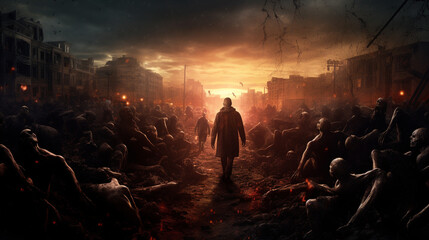 Apocalypse fantasy scene with group of zombie walking. Halloween concept background - obrazy, fototapety, plakaty
