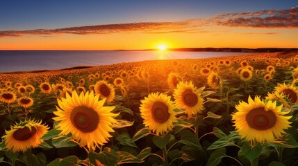 Fototapeta premium summer coastal sunflower fields illustration nature green, landscape beautiful, sky plant summer coastal sunflower fields