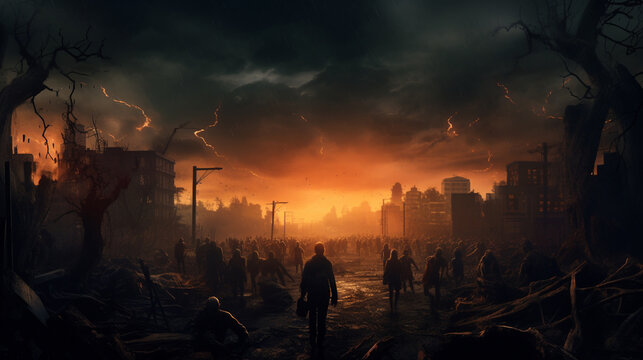 Apocalypse fantasy scene with group of zombie walking. Halloween concept background