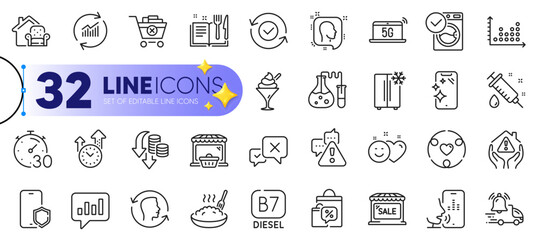 Outline set of Diesel, Smile and Head line icons for web with Remove purchase, Reject, Online market thin icon. Face id, Medical syringe, Voicemail pictogram icon. Smartphone clean. Vector
