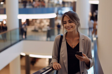 Beautiful young happy Caucasian businesswoman looking away while using a mobile phone and riding an escalator in a mall on her way to work 