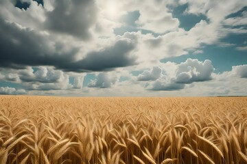 beautiful field of wheat with clouds in the sky.