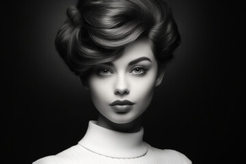 Beautiful woman with stylish hairstyle, black and white