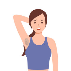 Unhappy young woman wants to remove her armpit hair in flat design on white background.