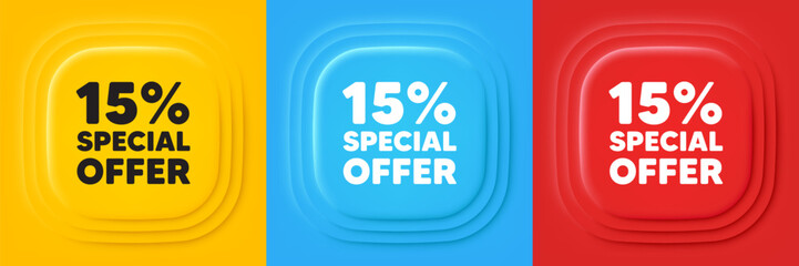 15 percent discount offer tag. Neumorphic offer banners. Sale price promo sign. Special offer symbol. Discount podium background. Product infographics. Vector