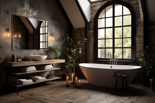 Cozy loft bathroom interior with mirror and comfortable bathtub