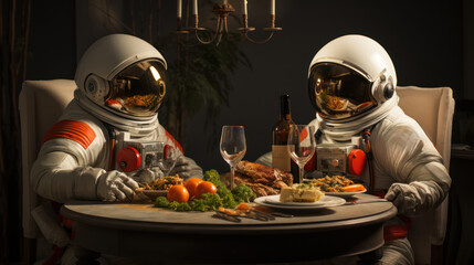 Two astronauts sharing a cosmic dinner in space - 649163964