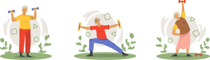 Old active male and ladies exercising with dumbbells outside. Morning training and fitness time. Healthy and active lifestyle concept. Flat vector illustration in cartoon style