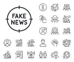Propaganda conspiracy target sign. Specialist, doctor and job competition outline icons. Fake news line icon. Wrong truth symbol. Fake news line sign. Avatar placeholder, spy headshot icon. Vector