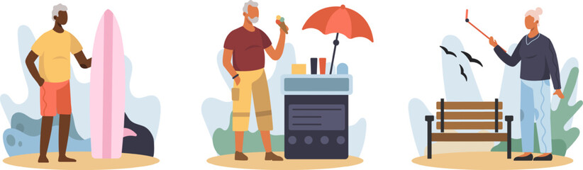 Active American man standing on beach near surfboard. Man eating ice-cream outside. Old lady walking in park, makes selfie. Flat vector illustration in cartoon style