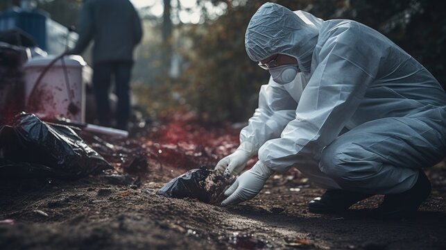 Criminologist In Wearing Protective Suit, Gloves And Face Masks Working At Crime Scene At Outdoor