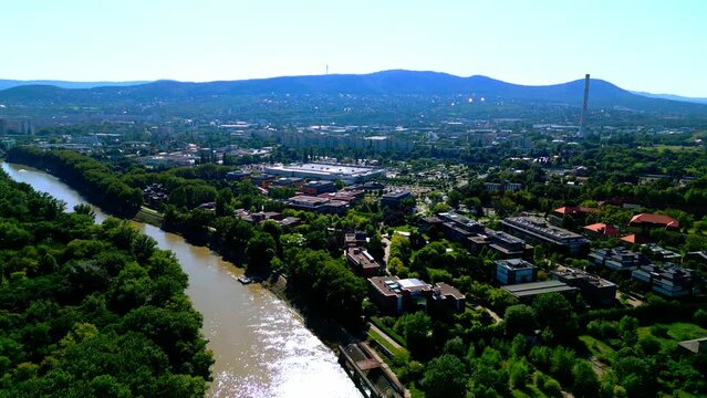 Aerial View Of Tranquil River In Obuda Island, Budapest, Hungary - drone shot