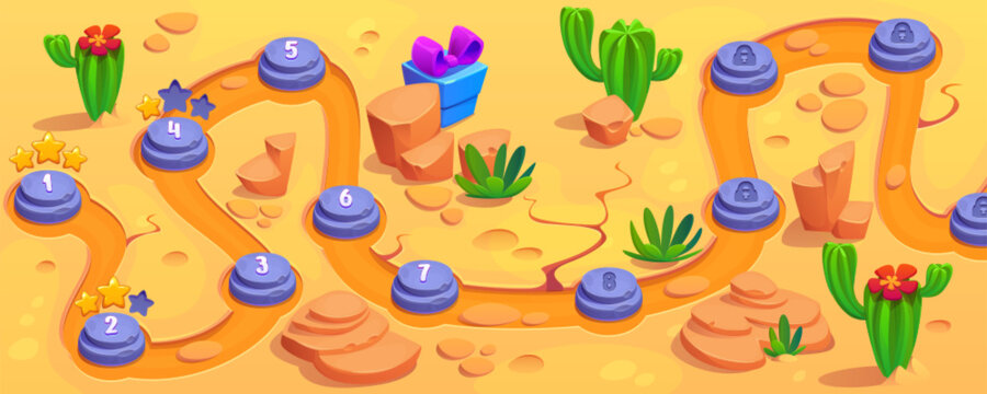 Summer desert game road map pattern background. Fairy kid mobile app interface design with cactus, stone and ui level boulder button on path. Gui plan illustration with numbers and hot landscape