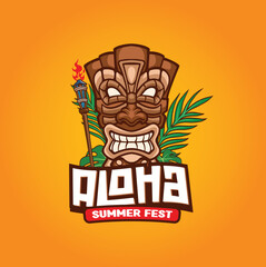 Vector Illustration of Tiki Mask with Tropical Leaves