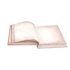 Open antique library book. Watercolor illustration on isolated white background