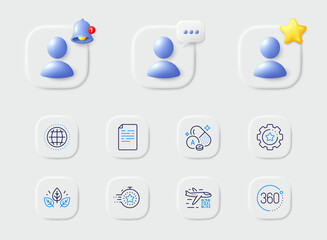Vitamin a, Document and Settings gear line icons. Placeholder with 3d star, reminder bell, chat. Pack of Organic tested, Qr code, Timer icon. Globe, 360 degrees pictogram. Vector