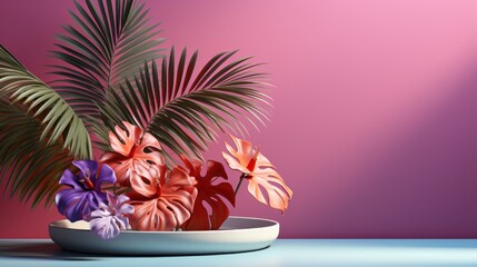 Abstract gradient blue wall background for product presentation with window shadow and flowers and palm leaves.