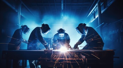 Industry welders worker perform arc welding in factories