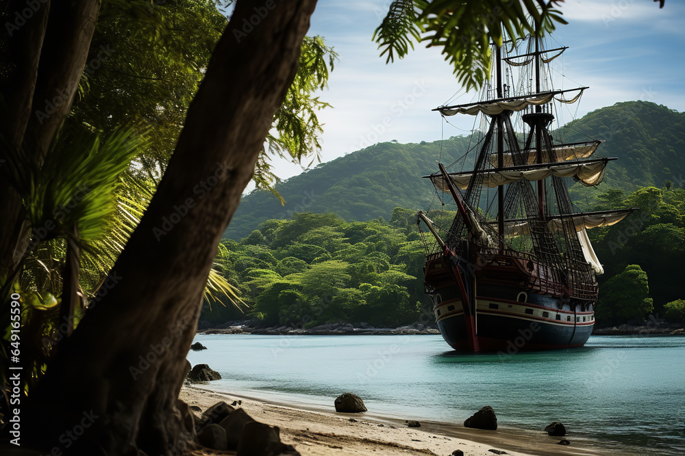 Poster A pirate ship anchored near a tropical island, its crew members disembarking to explore the lush paradise for hidden treasure