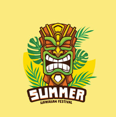 Vector Illustration of Tiki Mask with Tropical Leaves